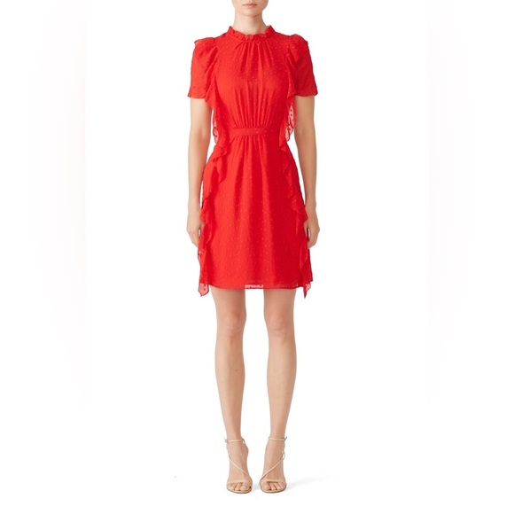 Monique Lhuillier Red High Neck Mini Swedish dot ruffle dress 8 Shift holiday - Picture 1 of 16